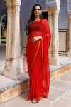 Buy_Geroo Jaipur_Red Saree Chiffon Embroidered Zari With Unstitched Blouse Fabric _at_Aza_Fashions