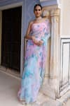 Geroo Jaipur_Blue Saree Chiffon Hand-painted Pattern Shaded With Unstitched Blouse Fabric _at_Aza_Fashions