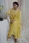Shop_Ahmev_Yellow Modal, Silk Embroidery Round Neck Regal Floral Print Kurta Set _at_Aza_Fashions