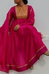 AHMEV_Fuchsia Chanderi Embellished Lace V Neck Kyra Yoke Anarkali Set _at_Aza_Fashions