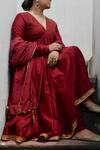 Ahmev_Wine Chanderi Lace, Tassels Plunge Neck Aria Pintuck Yoke Anarkali Set _Online_at_Aza_Fashions