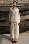 AHMEV_Ivory Chanderi Embellished Tape Spread Collar Shirt _Online_at_Aza_Fashions