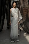 Buy_AHMEV_Ivory Silk Organza Block Print Floral Band Collar Calla Saree _Online_at_Aza_Fashions