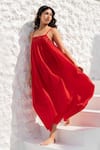 Beachbum_Red Cotton Gauze Embellished Yoke Leaf Square Neck Scarlet Dress _Online_at_Aza_Fashions