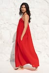 Shop_Beachbum_Red Cotton Gauze Embellished Yoke Leaf Square Neck Scarlet Dress _Online_at_Aza_Fashions