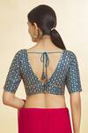 Shop_Samyukta Singhania_Blue Silk Embroidery, Sequins Plunge Neck Checkered Pattern Blouse _at_Aza_Fashions