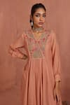 Kritika Dawar_Pink Tunic Chanderi Hand Embroidered Striped V Neck Yoke With Slip _Online_at_Aza_Fashions