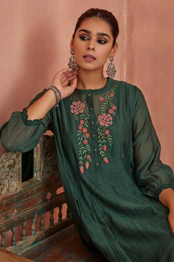 Shop_Kritika Dawar_Green Chanderi, Cotton, Silk Embroidery Round Neck Yoke Tunic And Pant Set _at_Aza_Fashions
