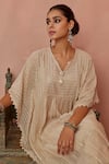 Shop_Kritika Dawar_Ivory Kaftan Chanderi Embroidered Thread Notched And Pant Set _Online_at_Aza_Fashions