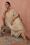 Kritika Dawar_Ivory Kaftan Chanderi Embroidered Thread Notched And Pant Set _at_Aza_Fashions