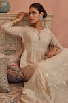 Shop_Kritika Dawar_Ivory Chanderi Embroidered Thread Notched A-line Anarkali Pant Set _Online_at_Aza_Fashions