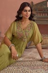 Kritika Dawar_Green Chanderi Embroidery V-neck Yoke Tunic _Online_at_Aza_Fashions