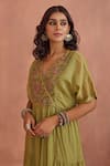 Buy_Kritika Dawar_Green Chanderi Embroidery V-neck Yoke Tunic _Online_at_Aza_Fashions