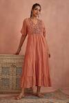 Buy_Kritika Dawar_Pink Chanderi Embroidery V-neck Yoke Hand Tunic _at_Aza_Fashions