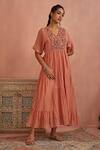 Buy_Kritika Dawar_Pink Chanderi Embroidery V-neck Yoke Hand Tunic _Online_at_Aza_Fashions