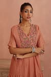 Shop_Kritika Dawar_Pink Chanderi Embroidery V-neck Yoke Hand Tunic _Online_at_Aza_Fashions
