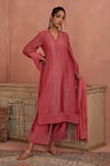 Buy_Kritika Dawar_Coral Chanderi Embroidered V Neck Work Kurta Pant Set _at_Aza_Fashions