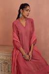 Kritika Dawar_Coral Chanderi Embroidered V Neck Work Kurta Pant Set _Online_at_Aza_Fashions