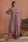 Buy_Kritika Dawar_Purple Chanderi Hand Embroidered Floral V Neck Yoke Kurta Pant Set _at_Aza_Fashions