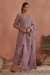 Shop_Kritika Dawar_Purple Chanderi Hand Embroidered Floral V Neck Yoke Kurta Pant Set _at_Aza_Fashions