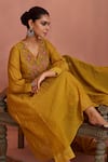 Buy_Kritika Dawar_Yellow Chanderi Hand Embroidered Floral V Neck Yoke Kurta Pant Set_Online_at_Aza_Fashions