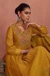 Shop_Kritika Dawar_Yellow Chanderi Hand Embroidered Floral V Neck Yoke Kurta Pant Set_Online_at_Aza_Fashions