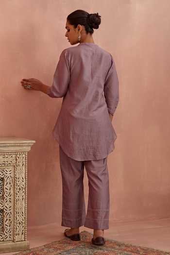 Shop_Kritika Dawar_Purple Chanderi Embroidery Bandeau Neck Yoke Top And Pant Set _at_Aza_Fashions