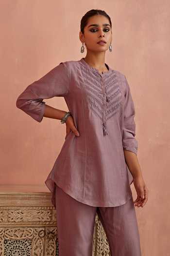 Buy_Kritika Dawar_Purple Chanderi Embroidery Bandeau Neck Yoke Top And Pant Set _Online_at_Aza_Fashions
