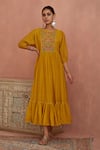 Buy_Kritika Dawar_Yellow Chanderi Embroidery Round Neck Yoke Tunic With Slip _at_Aza_Fashions