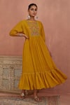 Kritika Dawar_Yellow Chanderi Embroidery Round Neck Yoke Tunic With Slip _Online_at_Aza_Fashions