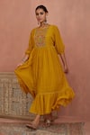 Buy_Kritika Dawar_Yellow Chanderi Embroidery Round Neck Yoke Tunic With Slip _Online_at_Aza_Fashions