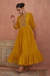 Shop_Kritika Dawar_Yellow Chanderi Embroidery Round Neck Yoke Tunic With Slip _Online_at_Aza_Fashions
