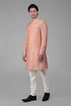 Talking Threads_Peach Silk Solid Sherwani Churidar Set  _Online_at_Aza_Fashions