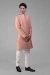 Talking Threads_Peach Silk Solid Sherwani Churidar Set  _at_Aza_Fashions