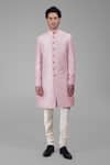 Talking Threads_Pink Silk Solid Plain Sherwani Churidar Set  _Online_at_Aza_Fashions