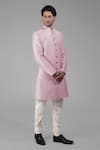 Shop_Talking Threads_Pink Silk Solid Plain Sherwani Churidar Set  _Online_at_Aza_Fashions
