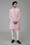 Talking Threads_Pink Silk Solid Plain Sherwani Churidar Set  _at_Aza_Fashions