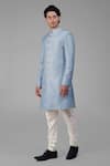 Talking Threads Blue Silk Solid Straight Sherwani Churidar Set Online at Aza Fashions Talking Threads_Blue Silk Solid Straight Sherwani Churidar Set _Online_at_Aza_Fashions