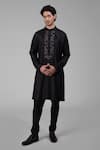 Buy_Talking Threads_Black Silk Embroidered Floral Placket Kurta  _at_Aza_Fashions