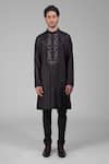 Buy_Talking Threads_Black Silk Embroidered Floral Placket Kurta  _Online_at_Aza_Fashions