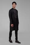 Talking Threads_Black Silk Embroidered Floral Placket Kurta  _at_Aza_Fashions