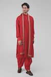 Shop_Talking Threads_Red Silk Embroidered Thread Pintuck Straight Kurta Salwar Set  _Online_at_Aza_Fashions