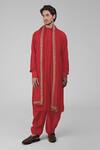 Talking Threads_Red Silk Embroidered Thread Pintuck Straight Kurta Salwar Set  _at_Aza_Fashions