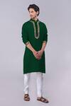 Buy_Talking Threads_Green Silk Embroidered Kashidakari Band Collar Kurta  _at_Aza_Fashions