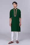 Talking Threads_Green Silk Embroidered Kashidakari Band Collar Kurta  _Online_at_Aza_Fashions