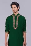 Buy_Talking Threads_Green Silk Embroidered Kashidakari Band Collar Kurta  _Online_at_Aza_Fashions