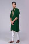 Shop_Talking Threads_Green Silk Embroidered Kashidakari Band Collar Kurta  _Online_at_Aza_Fashions