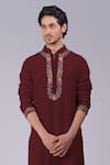 Talking Threads_Maroon Silk Embroidered Kashidakari Loop Buttoned Kurta  _Online_at_Aza_Fashions