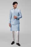 Buy_Talking Threads_Blue Silk Embroidered Thread Bandhgala Kurta Set  _at_Aza_Fashions