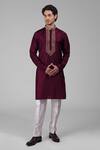Buy_Talking Threads_Maroon Silk Sequins, Beads Embroidered Straight Kurta And Pant Set_at_Aza_Fashions